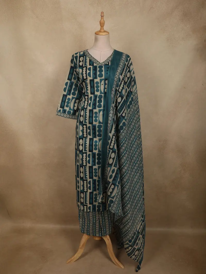 Peacock Blue Abstract Printed Design Cotton Straight Cut Salwar Suit With Dupatta 1
