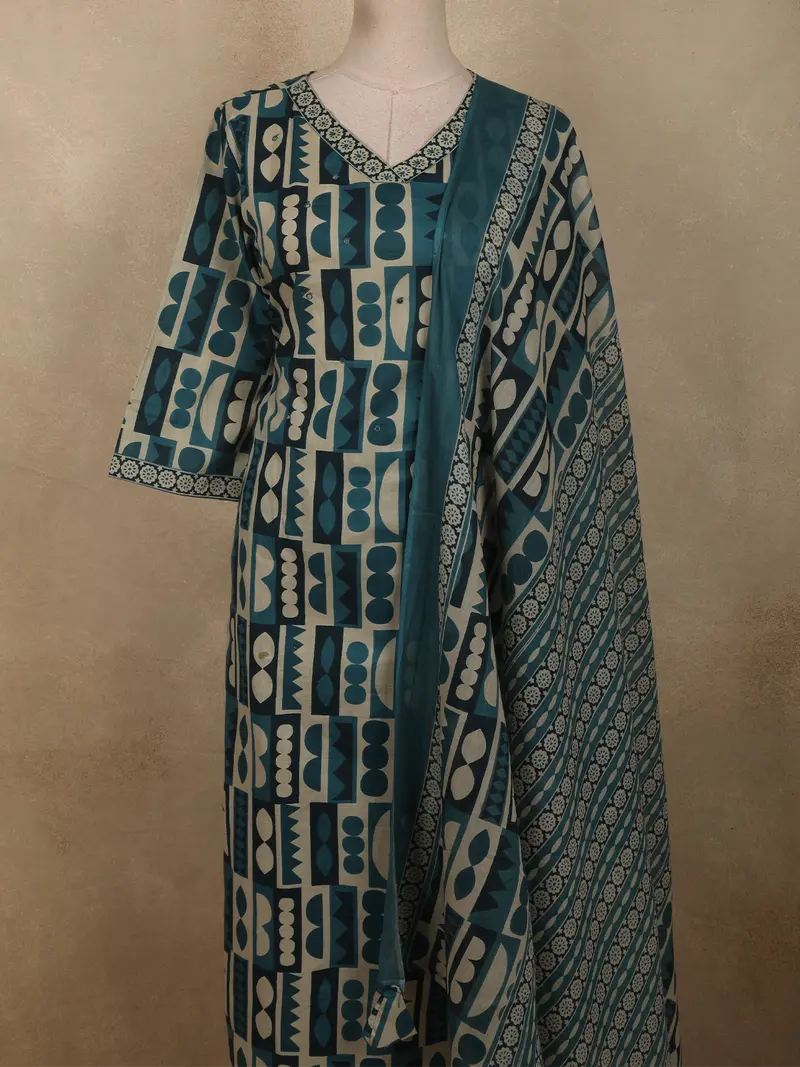 Peacock Blue Abstract Printed Design Cotton Straight Cut Salwar Suit With Dupatta 2