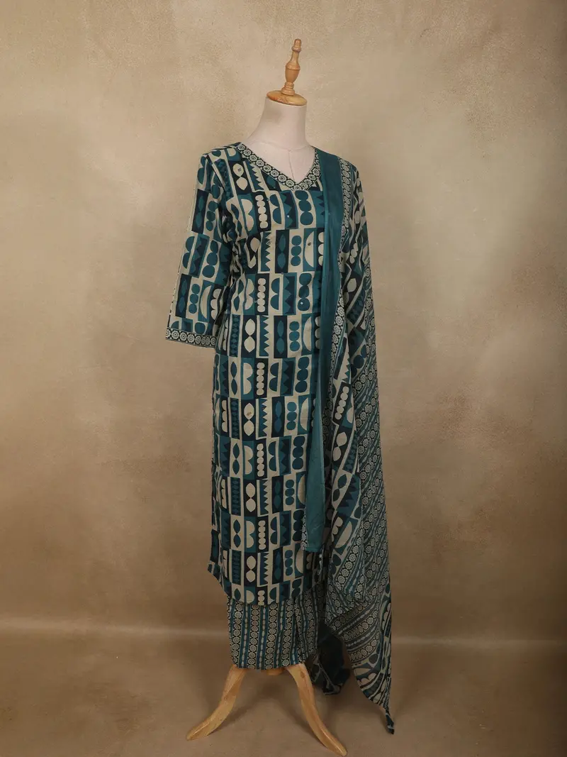 Peacock Blue Abstract Printed Design Cotton Straight Cut Salwar Suit With Dupatta 3