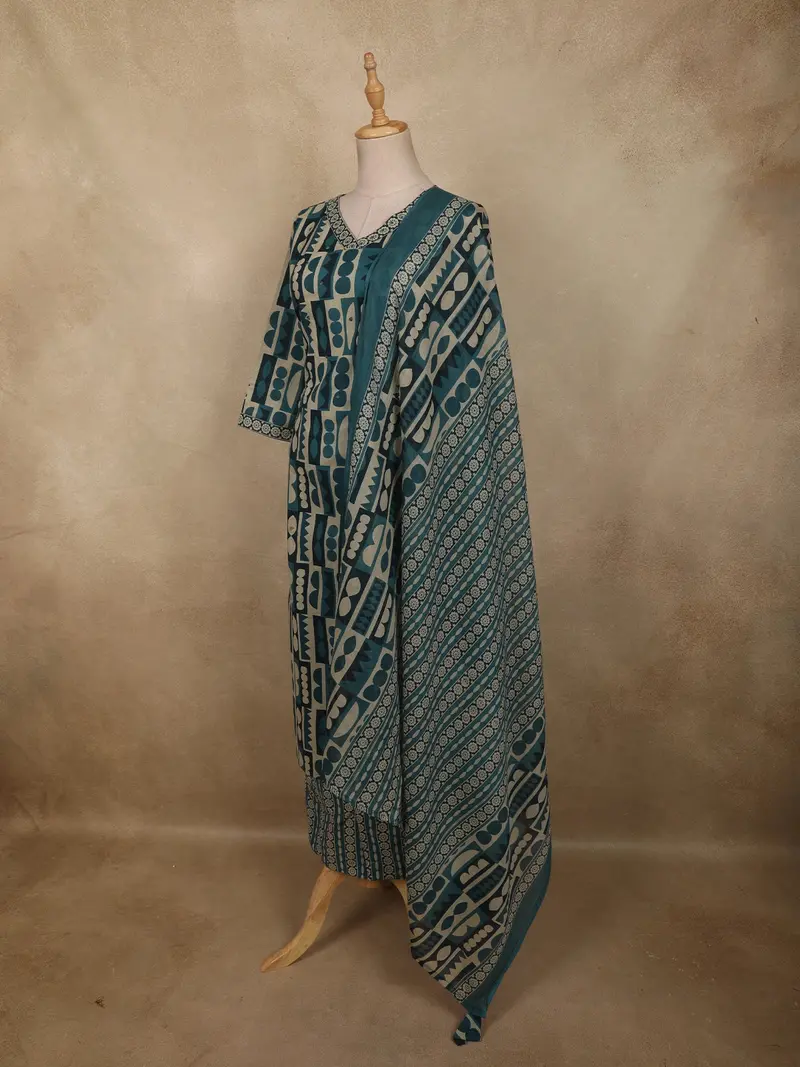 Peacock Blue Abstract Printed Design Cotton Straight Cut Salwar Suit With Dupatta 4