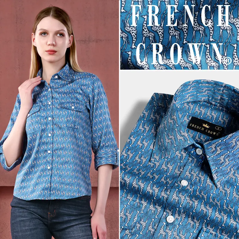 Peacock Blue And Bright White Giraffes Printed Premium Cotton Designer Shirt 1