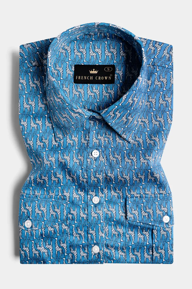 Peacock Blue And Bright White Giraffes Printed Premium Cotton Designer Shirt 2