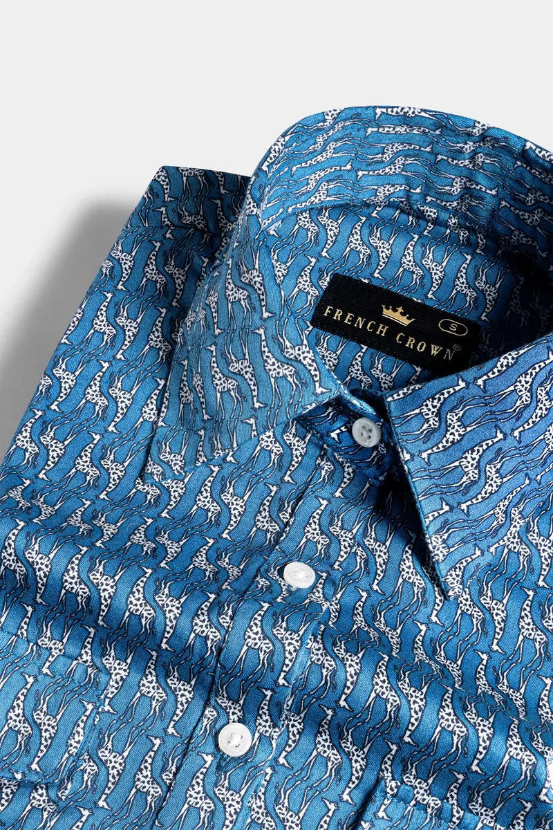 Peacock Blue And Bright White Giraffes Printed Premium Cotton Designer Shirt 4