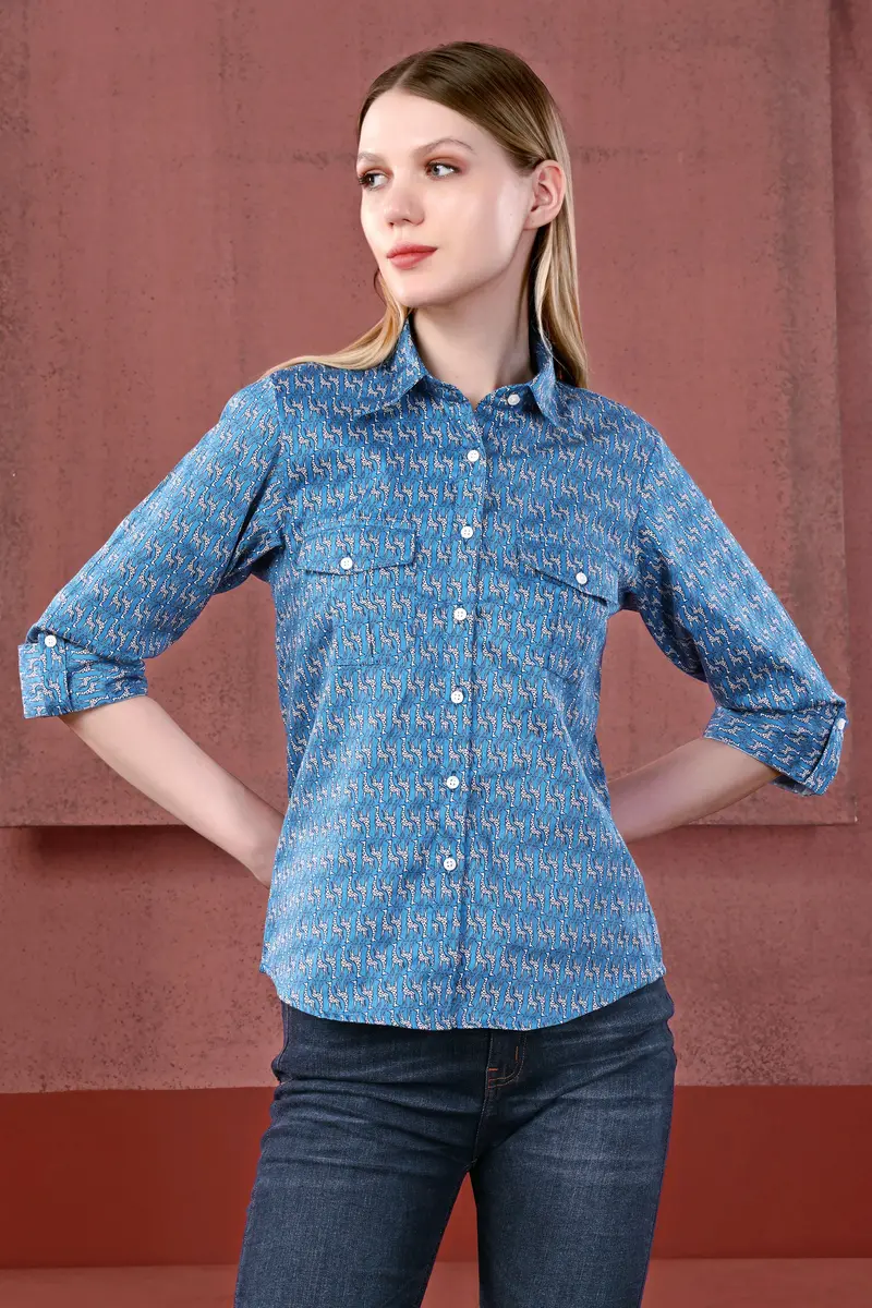Peacock Blue And Bright White Giraffes Printed Premium Cotton Designer Shirt 5