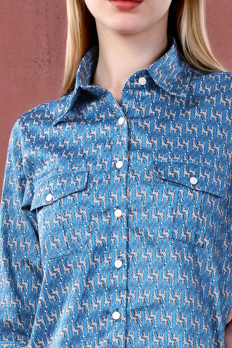 Peacock Blue And Bright White Giraffes Printed Premium Cotton Designer Shirt 6