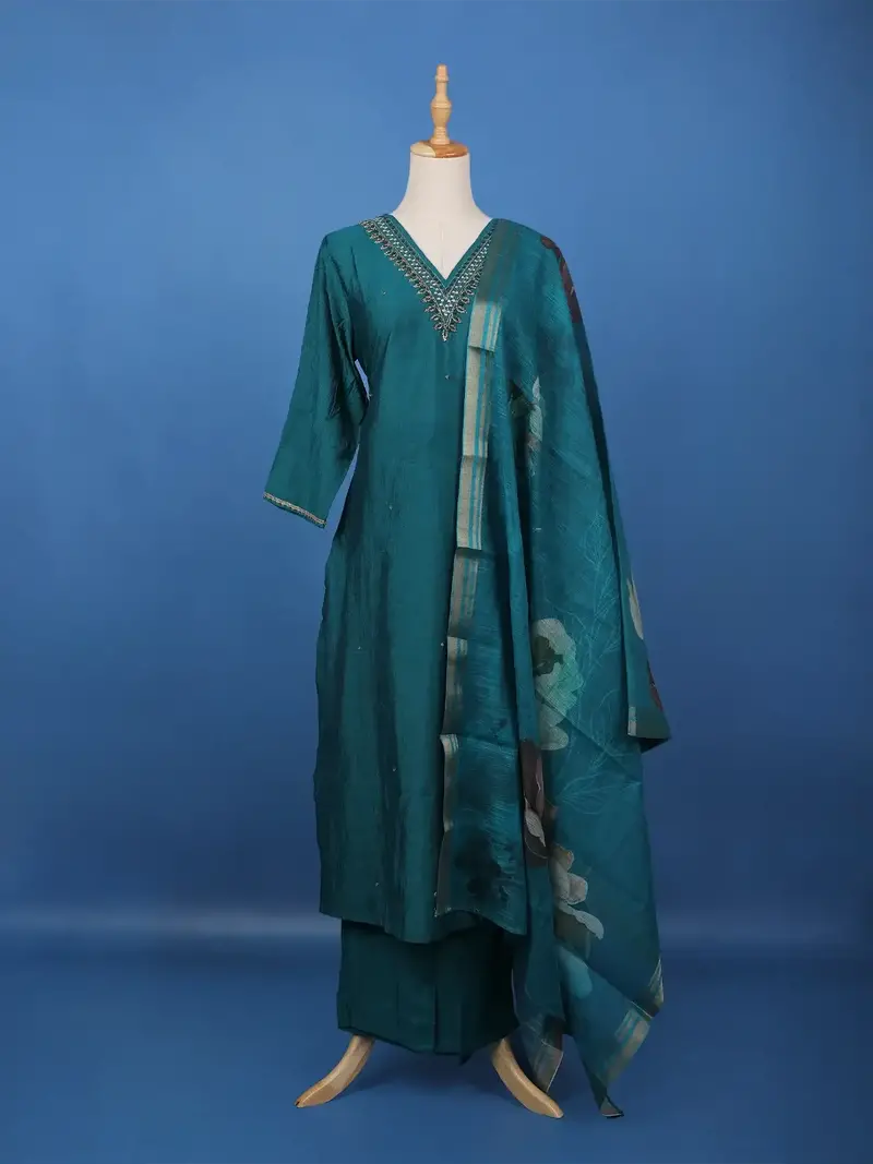 Peacock Blue Beads Embroidered Silk Salwar Suit 1