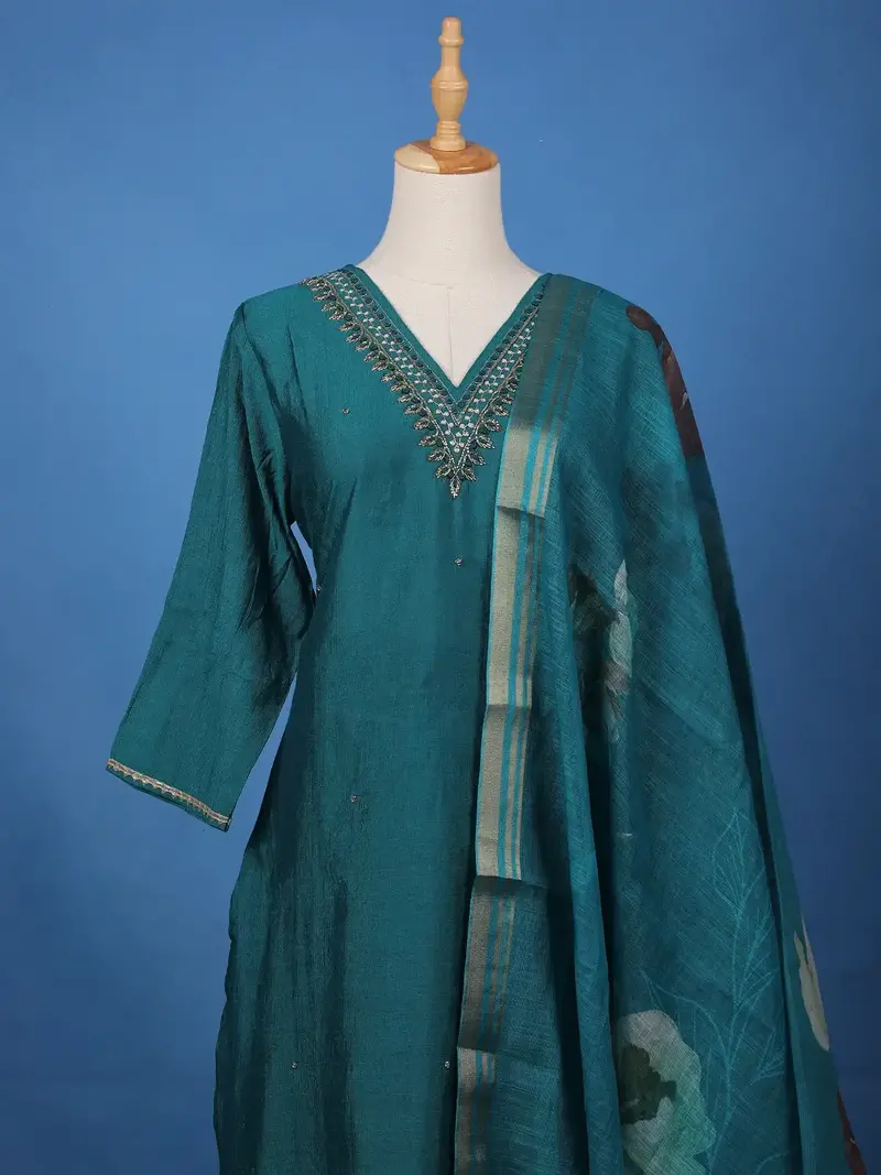 Peacock Blue Beads Embroidered Silk Salwar Suit 2
