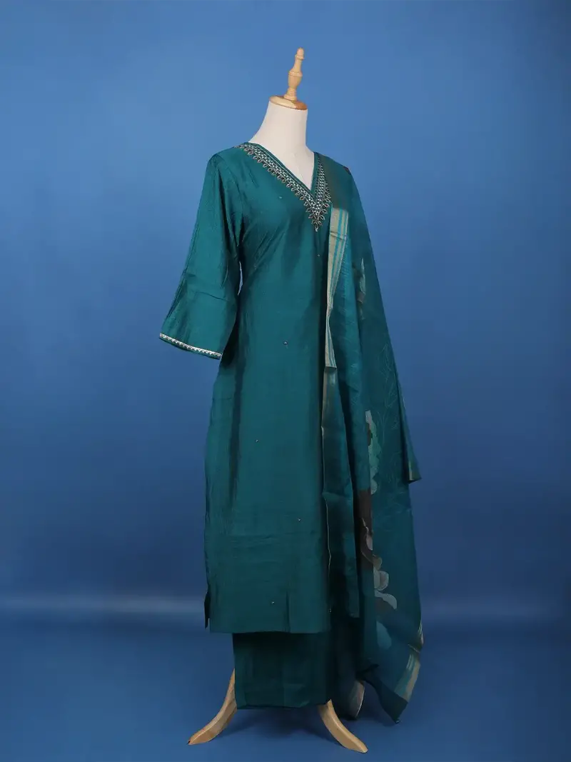 Peacock Blue Beads Embroidered Silk Salwar Suit 3