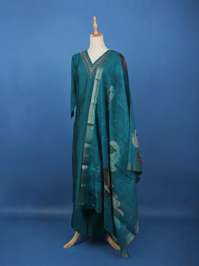Peacock Blue Beads Embroidered Silk Salwar Suit 4