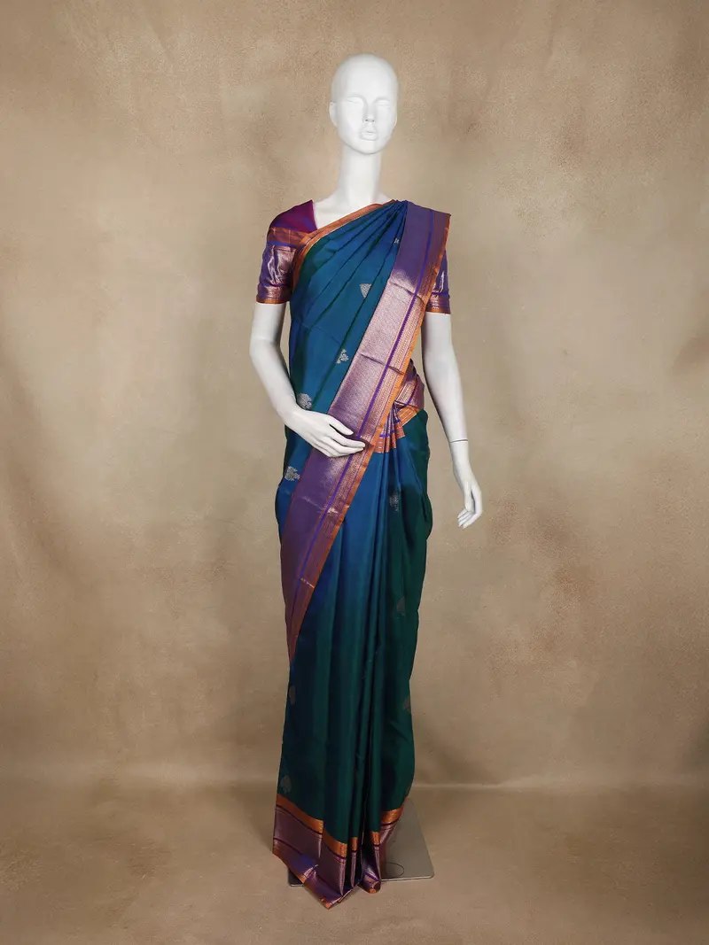 Peacock Blue Butta Design Kanchipuram Silk Saree 1