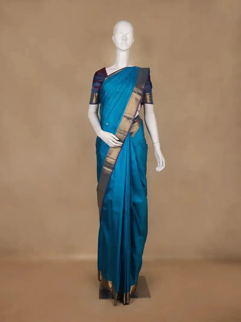 Peacock Blue Butta Design Woven Pure Kanchipuram Silk Saree 1