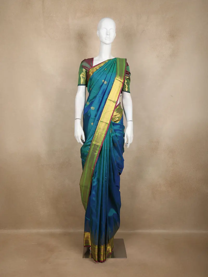 Peacock Blue Butta Design Woven Pure Kanchipuram Silk Saree 1