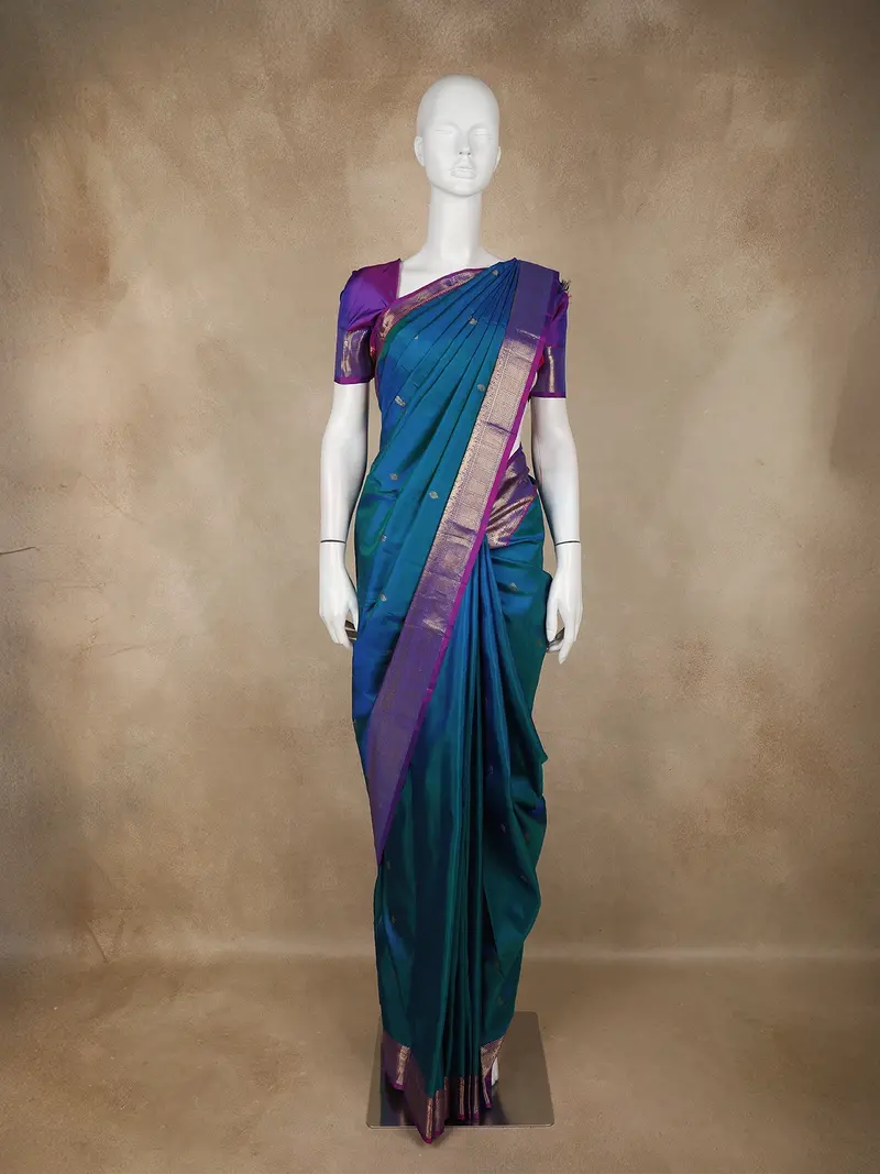 Peacock Blue Butta Woven Design Pure Kanchipuram Silk Saree With Contrast Royal Purple Border 1