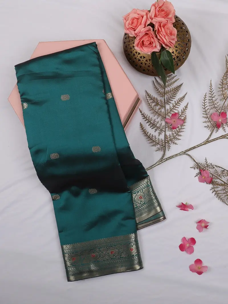 Peacock Blue Butta Woven Soft Silk Saree With Zari Border 1