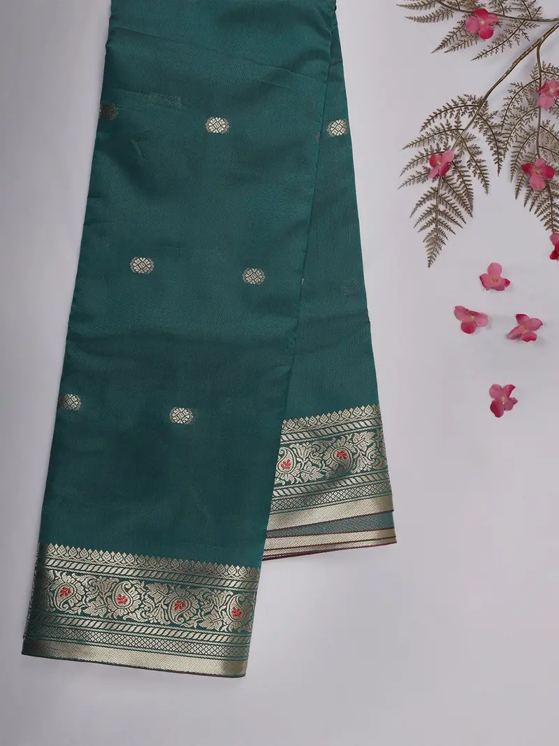 Peacock Blue Butta Woven Soft Silk Saree With Zari Border 2