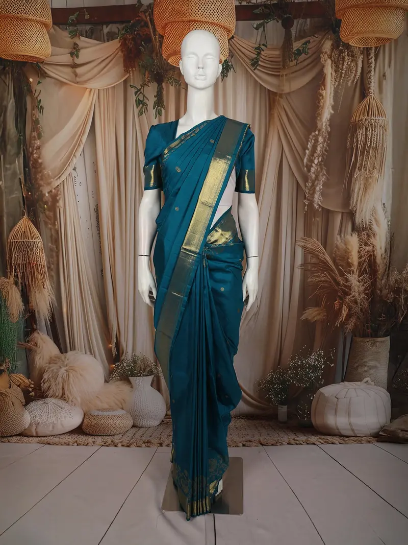 Peacock Blue Butta Zari Woven Design Pure Kanchipuram Silk Saree With Peacock Zari Border 1
