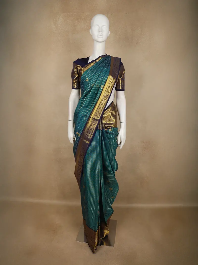 Peacock Blue Checked  And Peacock Zari Woven Design Pure Kanchipuram Silk Saree With Contrast Zari Border 1