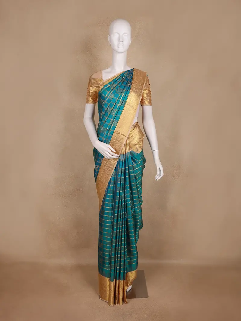 Peacock Blue  Checked Woven Kanchipuram Silk Saree 1