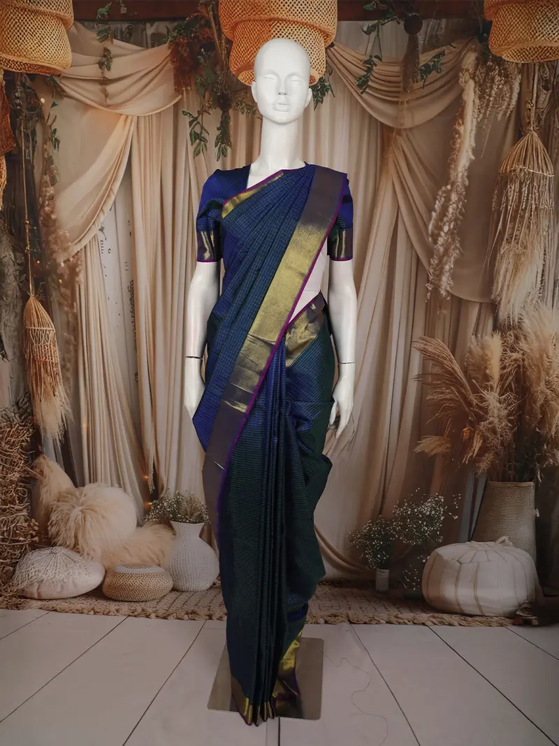Peacock Blue Checked Zari Woven Design Pure Kanchipuram Silk Saree With Zari Border 1