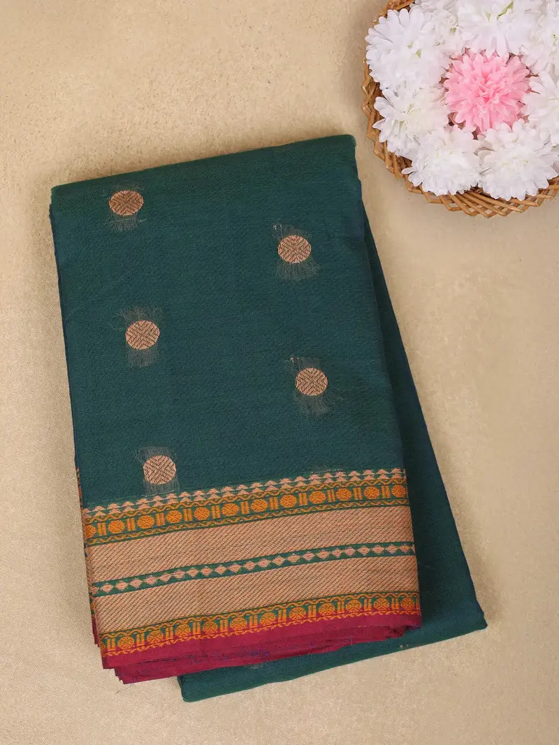 Peacock Blue Circle Motif Design Cotton Saree With Contrast Border 1