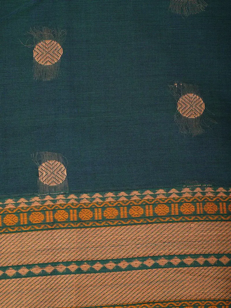 Peacock Blue Circle Motif Design Cotton Saree With Contrast Border 2