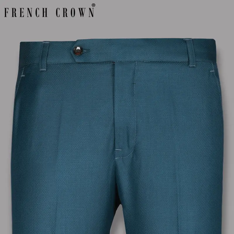 Peacock Blue Diamond Textured Wool Rich Pant 1