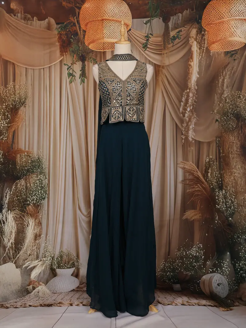 Peacock Blue Floral And Geometric Embroidered Georgette Palazzo Suit 1