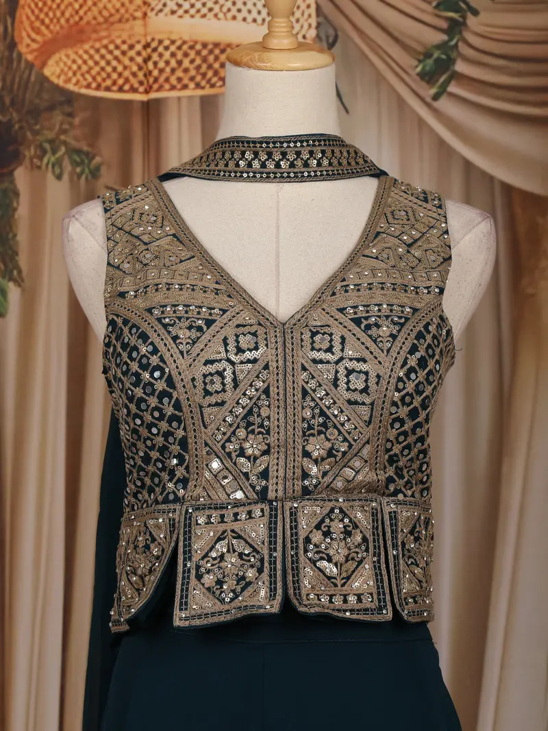 Peacock Blue Floral And Geometric Embroidered Georgette Palazzo Suit 2