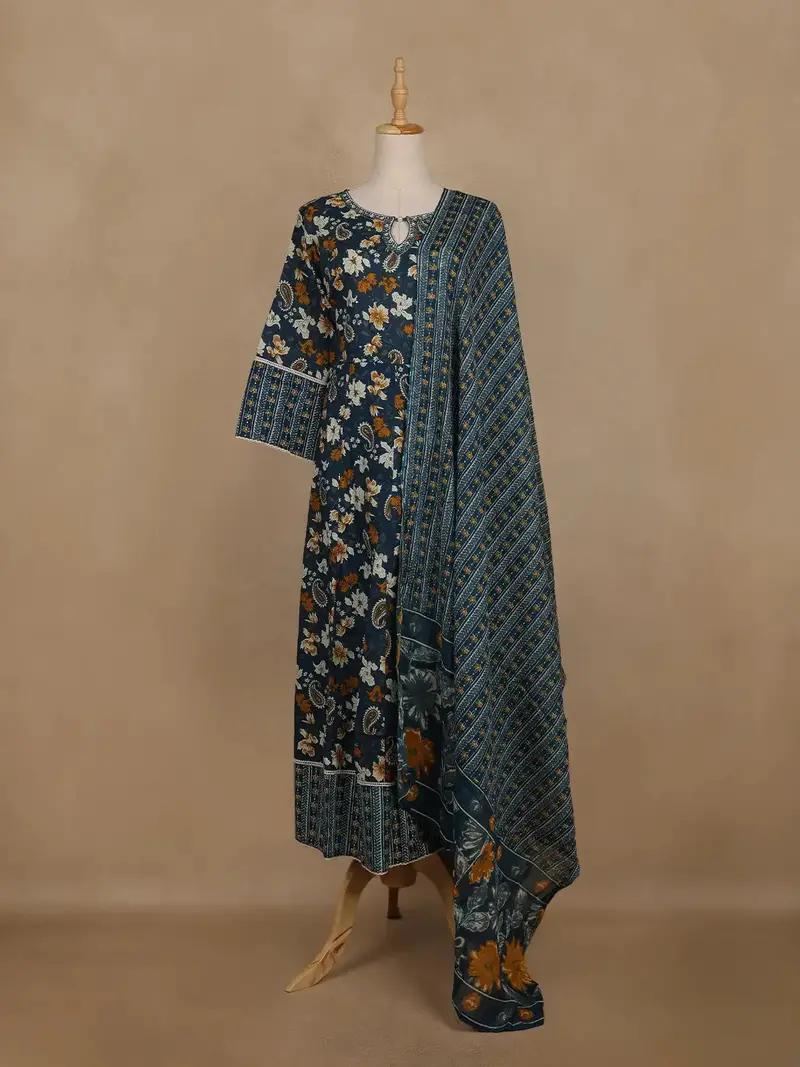 Peacock Blue Floral And Paisley Printed Cotton Salwar Suit With Dupatta 1