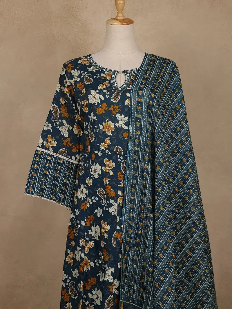 Peacock Blue Floral And Paisley Printed Cotton Salwar Suit With Dupatta 2