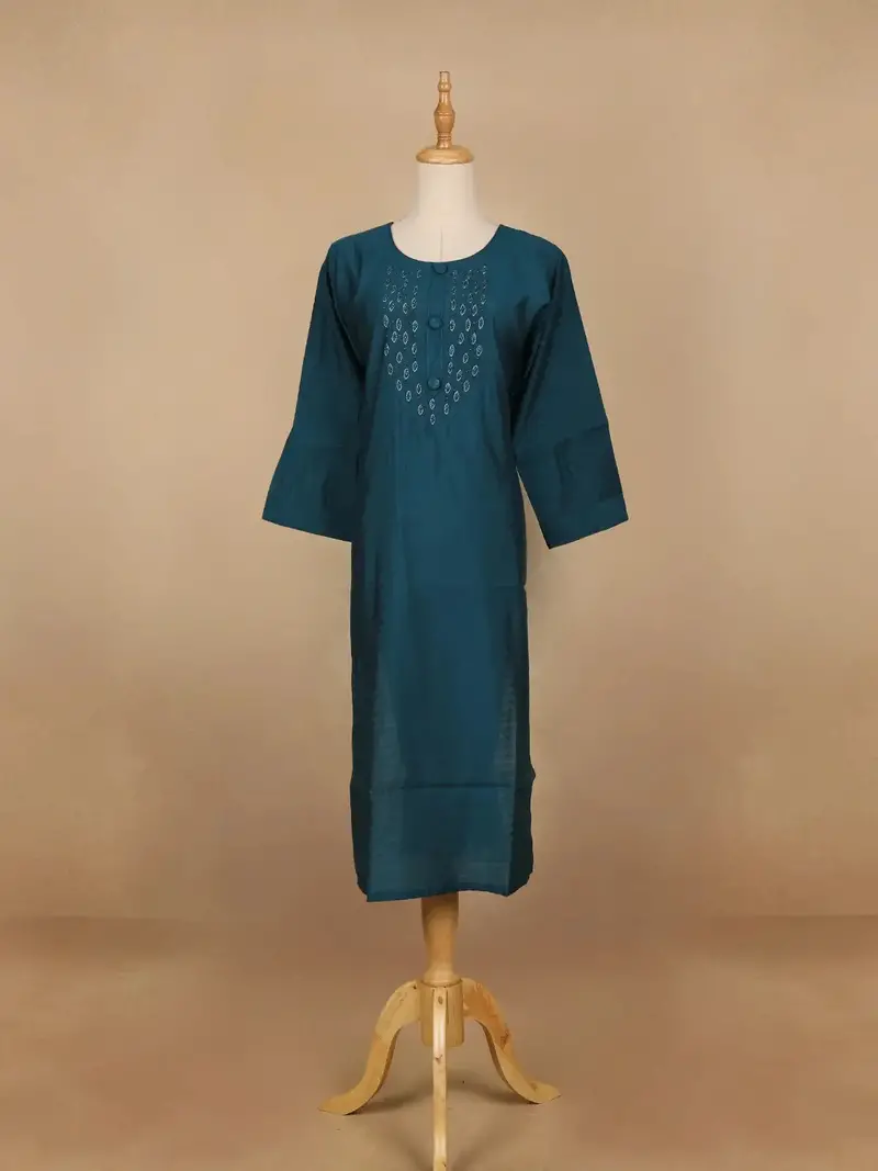 Peacock Blue Floral Design Cotton Kurti 1
