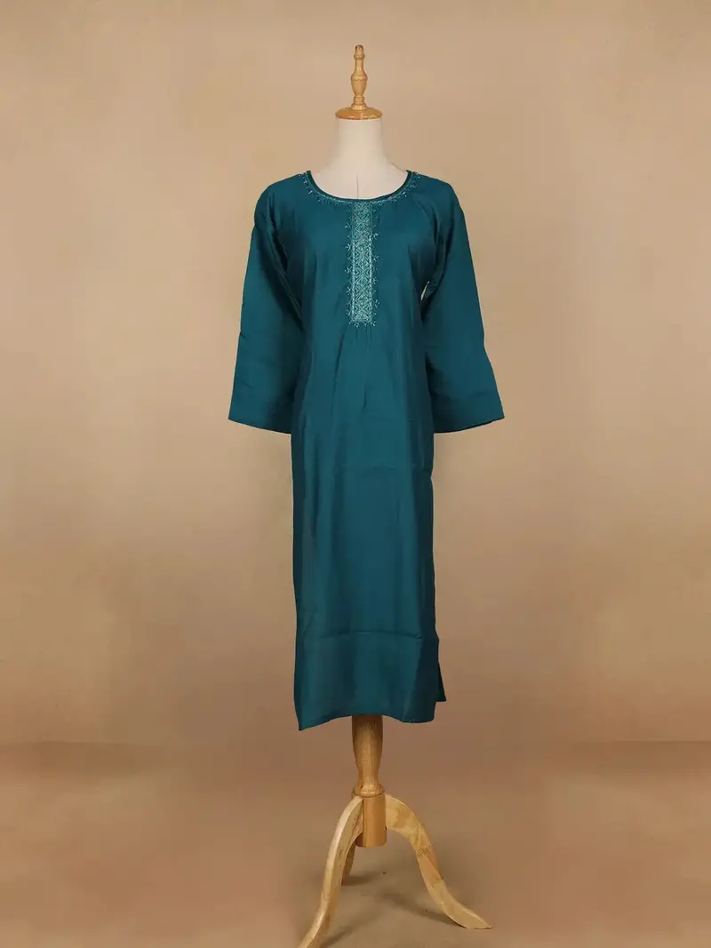 Peacock Blue Floral Design Cotton Kurti 1