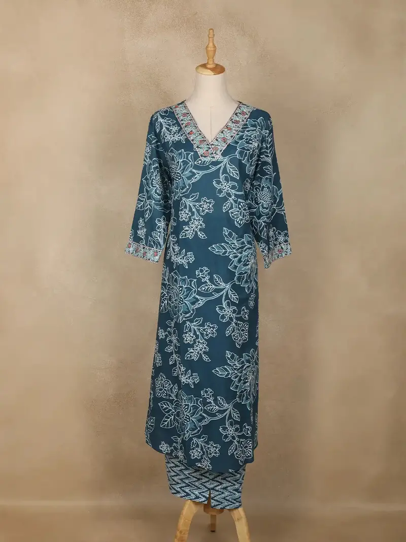 Peacock Blue Floral Design Cotton Salwar Suit 1