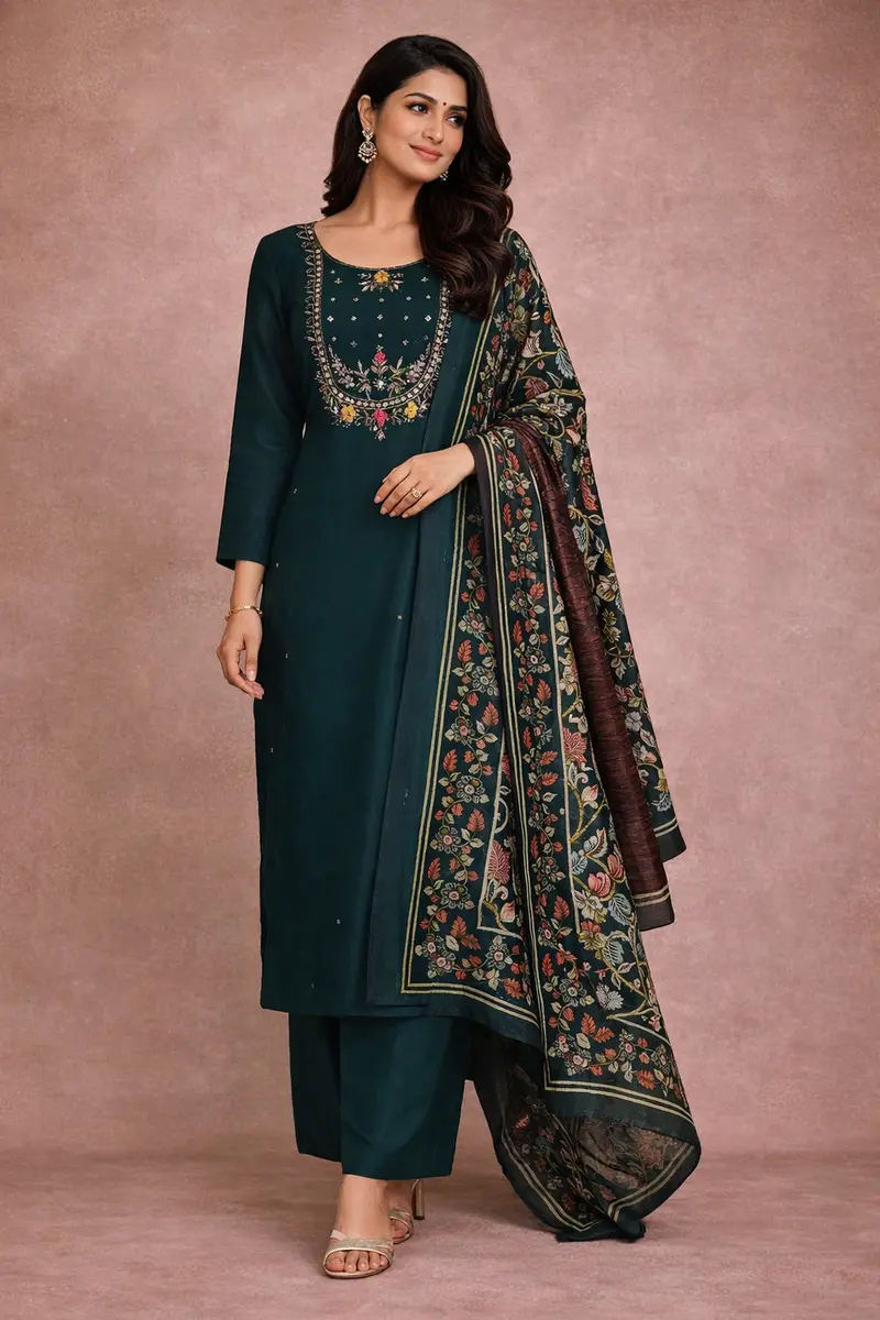 Peacock Blue Floral Design Cotton Salwar Suit With Dupatta 1