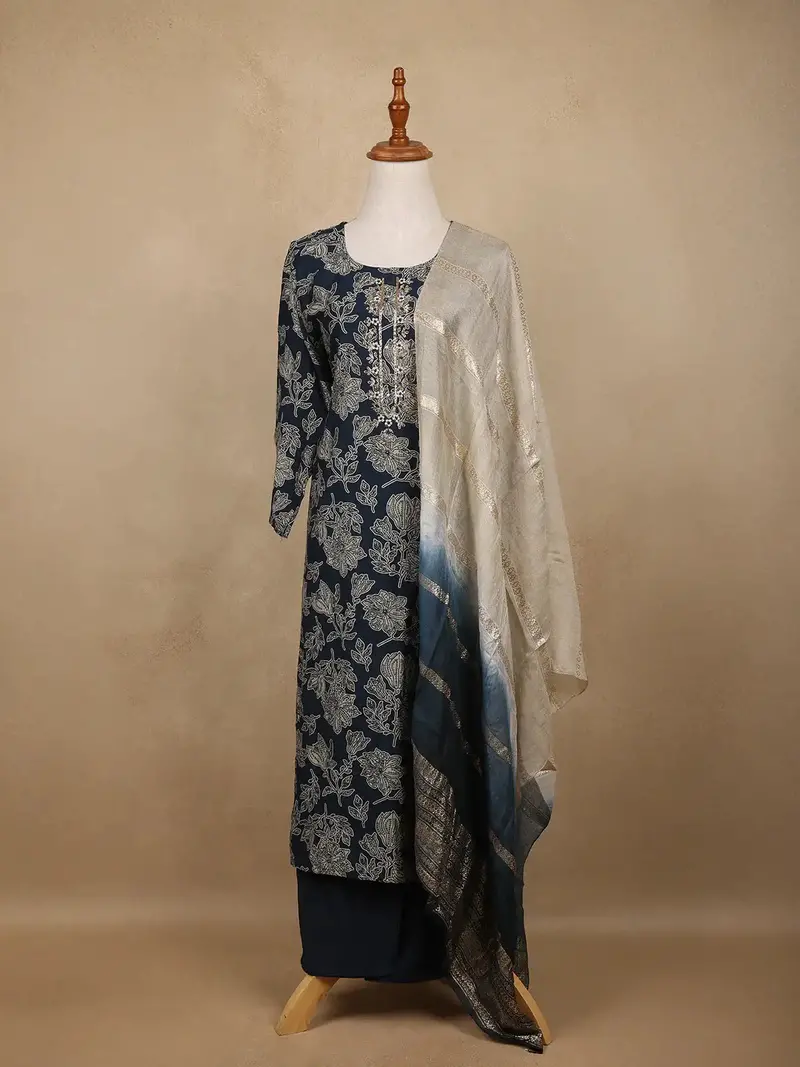 Peacock Blue Floral Design Printed Cotton Salwar Suit 1