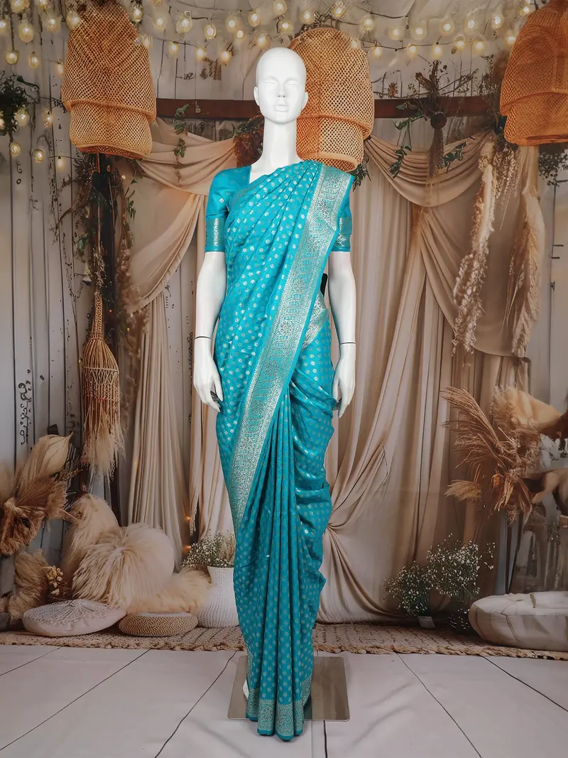 Peacock Blue Floral Design Semi Banarasi Saree 1