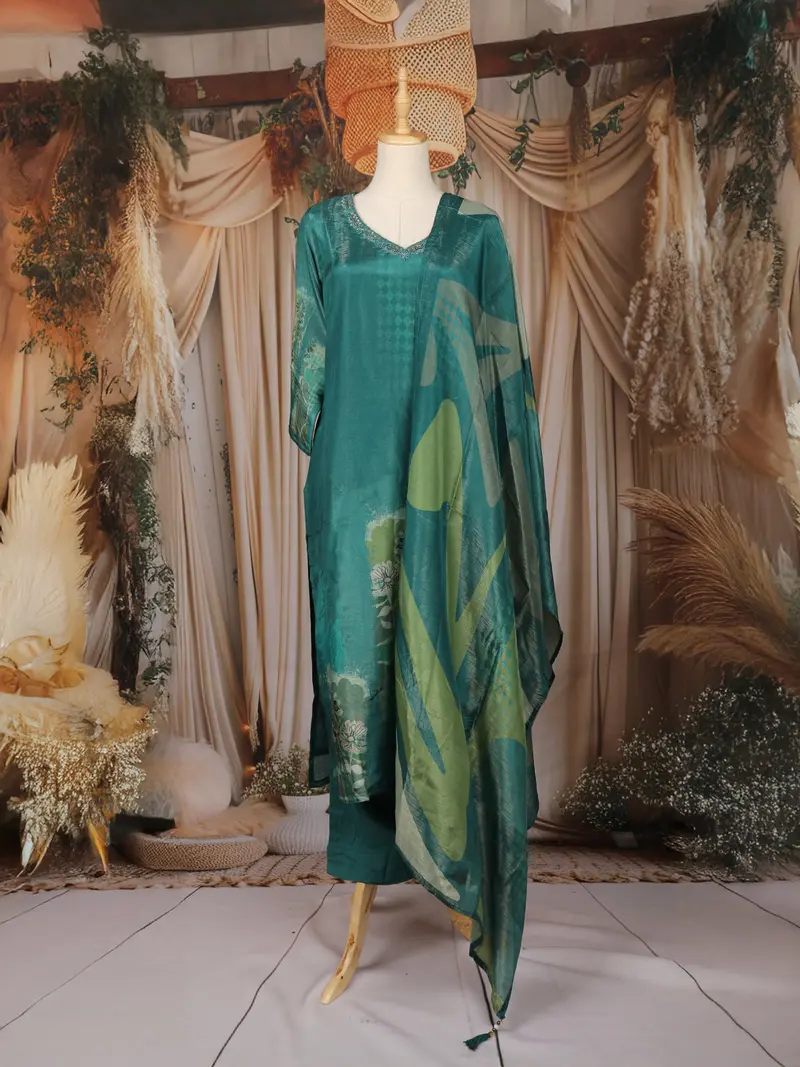 Peacock Blue Floral Design Shimmer Straight Cut Salwar Suit 1