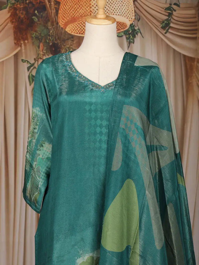 Peacock Blue Floral Design Shimmer Straight Cut Salwar Suit 2