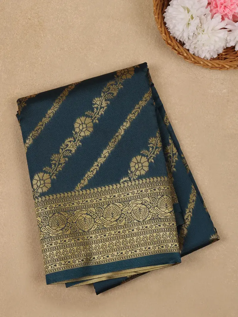 Peacock Blue Floral Design Silk Saree 1