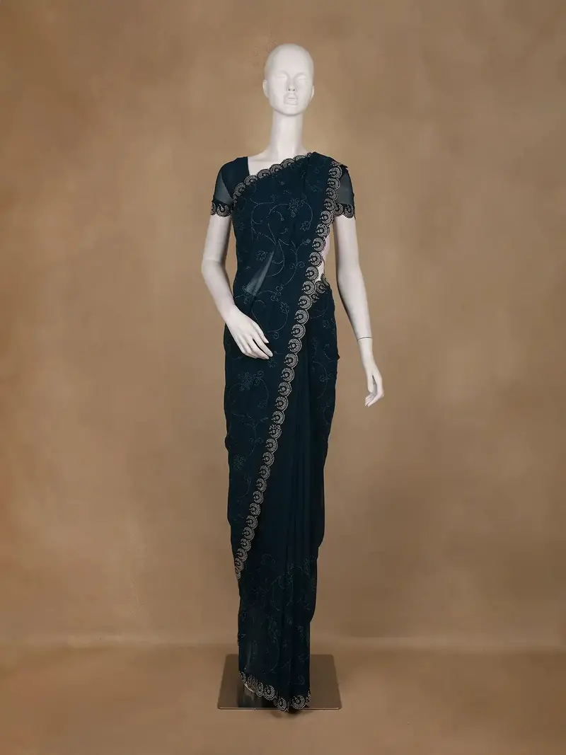 Peacock Blue Floral Designed Georgette Saree With Stone Work Border 1