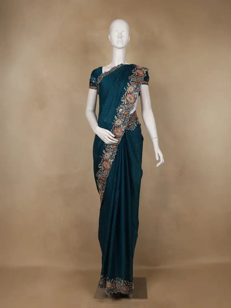 Peacock Blue Floral Embellished Chiffon Saree 1