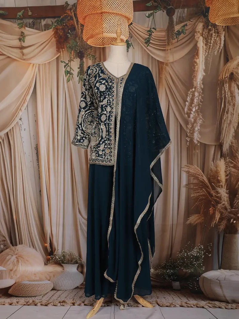 Peacock Blue Floral Embroidered Design Chiffon Palazzo Suit With Dupatta 1