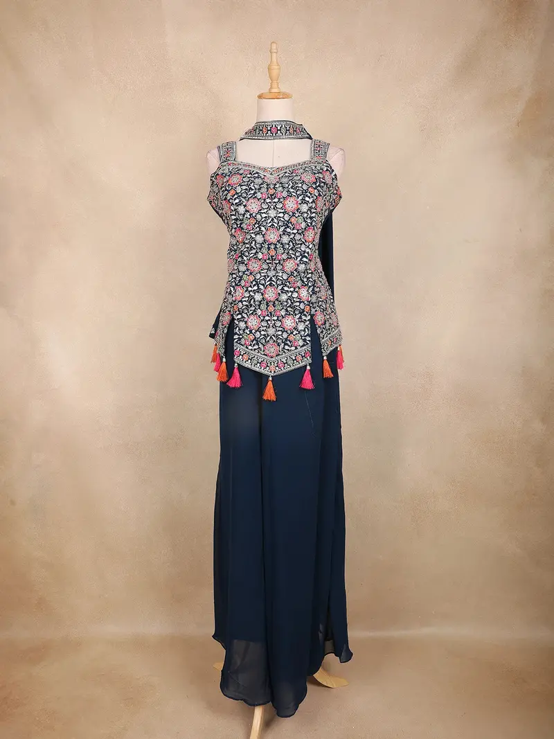 Peacock Blue Floral Embroidered Design Chiffon Palazzo Suit With Dupatta 1