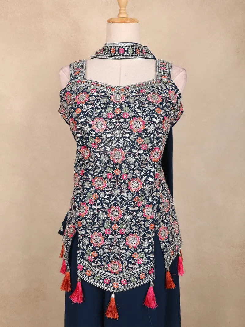 Peacock Blue Floral Embroidered Design Chiffon Palazzo Suit With Dupatta 2