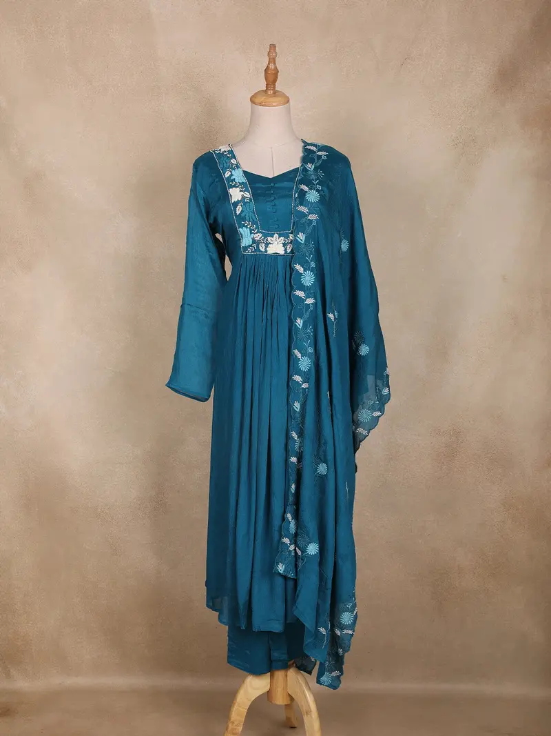 Peacock Blue Floral Embroidered Design Cotton Anarkali Salwar Suit 1
