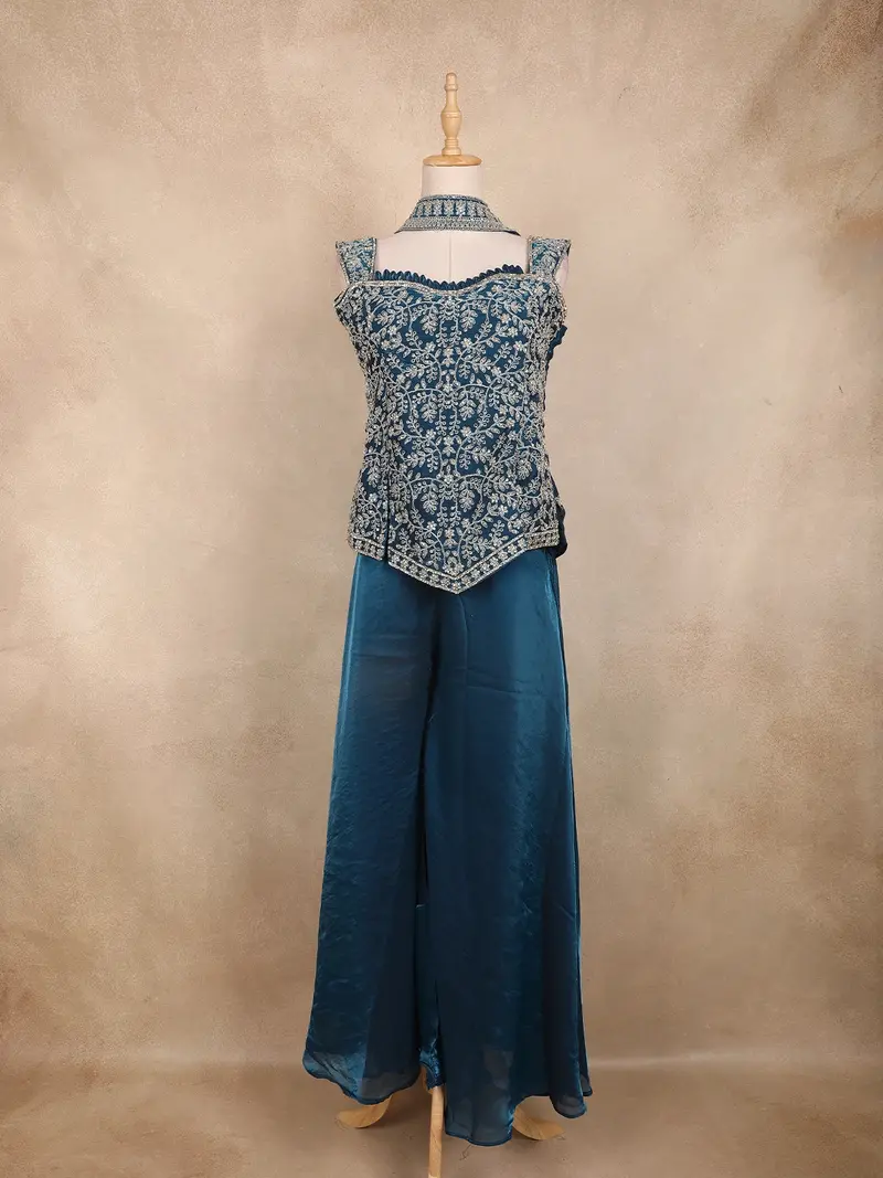 Peacock Blue Floral Embroidered Design Organza Palazzo Suit 1