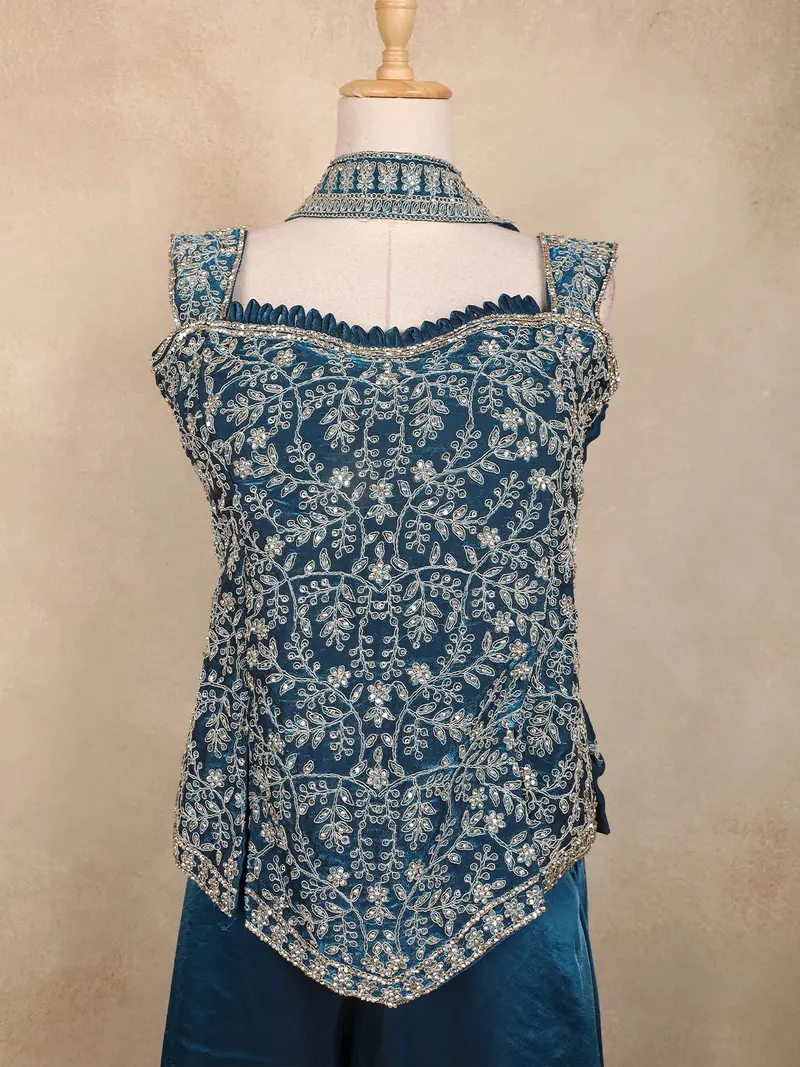 Peacock Blue Floral Embroidered Design Organza Palazzo Suit 2