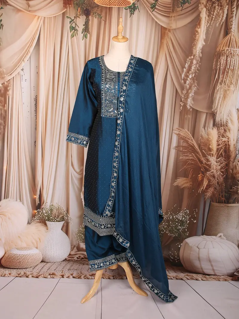 Peacock Blue Floral Embroidered Design Silk Blend Straight Cut Salwar Suit 1