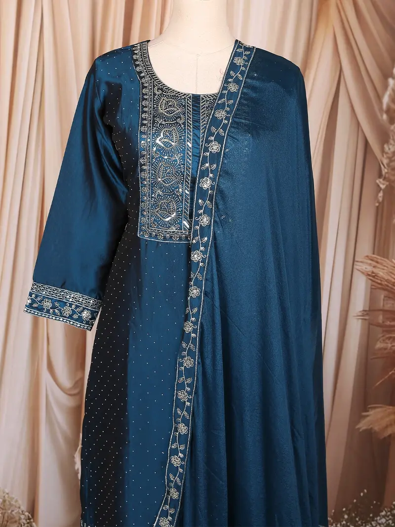 Peacock Blue Floral Embroidered Design Silk Blend Straight Cut Salwar Suit 2