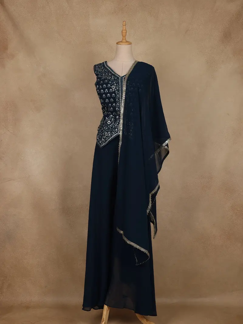 Peacock Blue Floral Embroidered Georgette Palazzo Suit 1